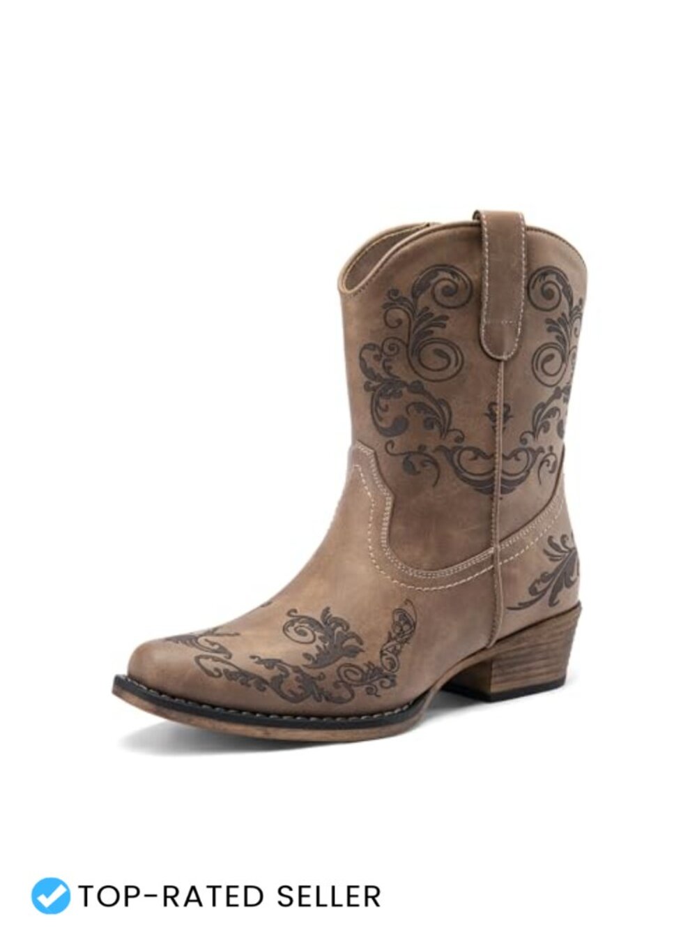 Women's Western Cowboy Ankle Boots Faux Leather Square Toe Side Zipper
